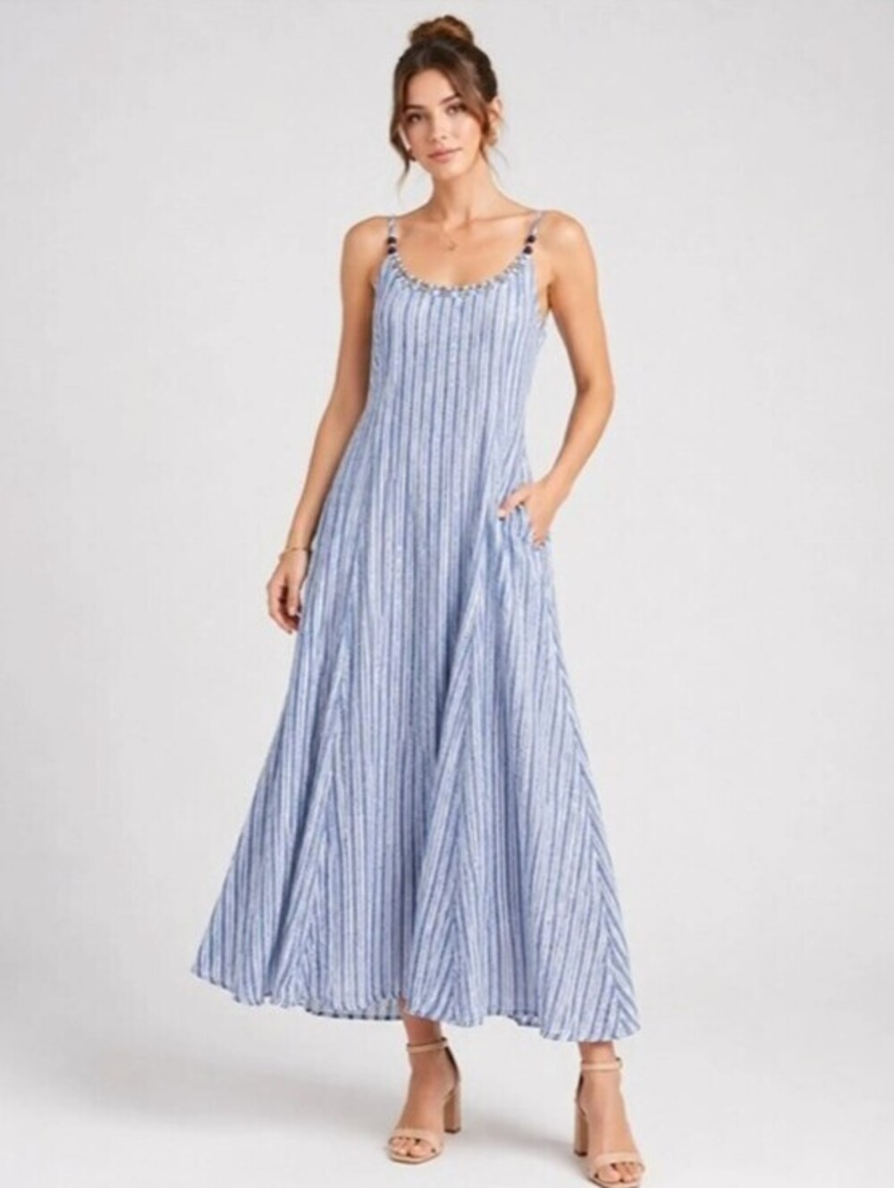 Calypso St. Barth Linen Blue White Striped Beaded Strap Maxi Dress - Size - XS
